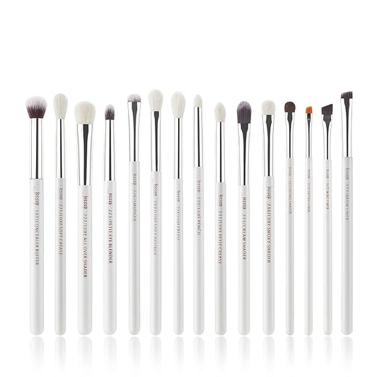 Jessup Small Eye Makeup Brush Set Professional 15pcs White/Silver Premium Natural-synthetic Eye Shadow Blending Concealer Eye & Brow Liner Brushes, T237