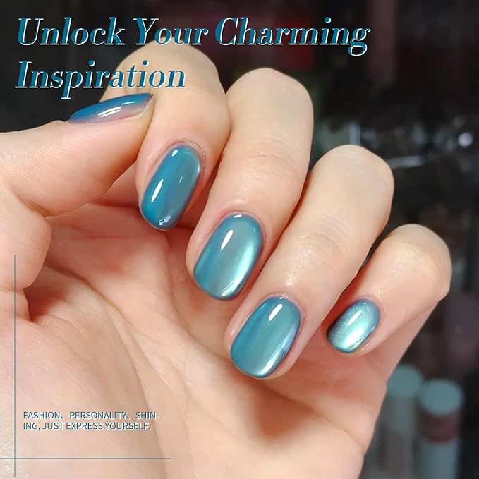 BORN PRETTY Magnetic Gel Nail Polish Blue Water Light Cat Magnetic Eye Gel Jelly Glass Crystal Magnetic Gel Polish Glitter Shimmer Auroras Magnetic Gel Nail Art Manicure Kit 6PCS