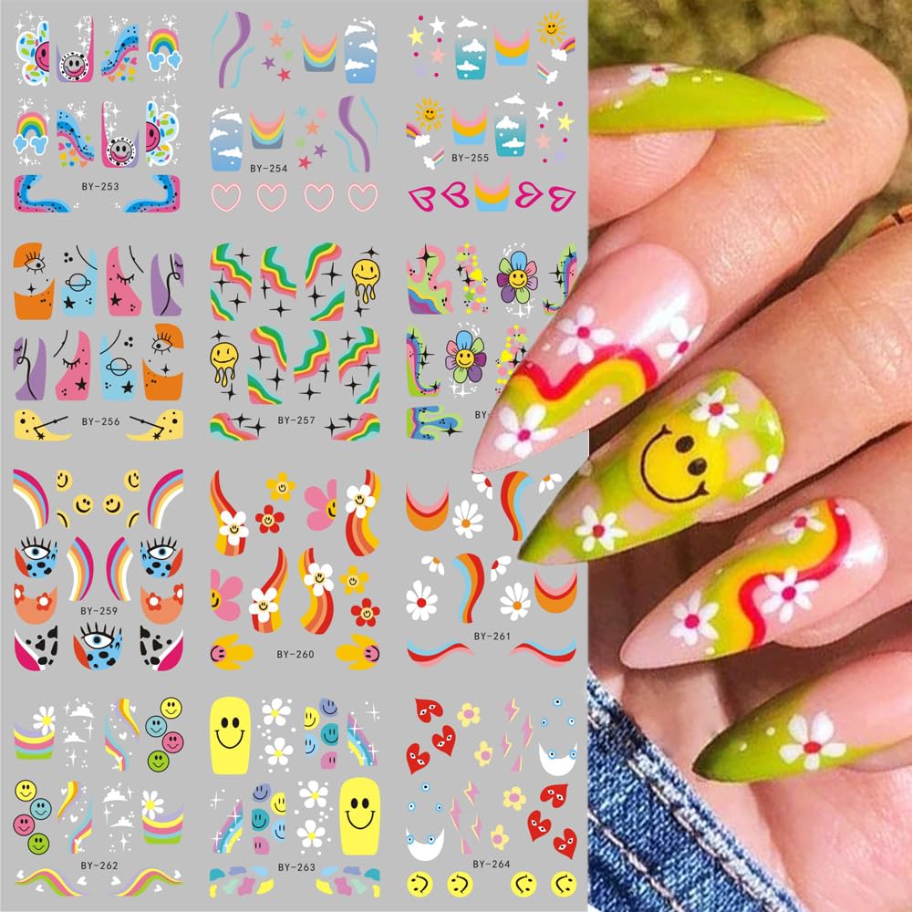Abstract French Tips Nail Art Stickers Decals Colorful Sun Flower Smiling Nail Foils Sticker Water Transfer Nail Decals Rainbow Design Acrylic Nail Sticker for Nail Art Women Nail Decoration 12Pcs