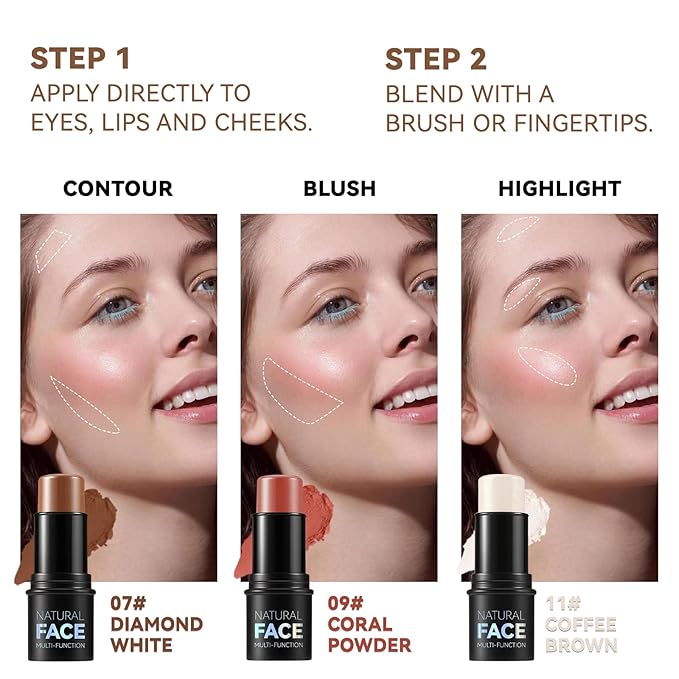 3 Colors Cream Contour Stick, Shades with Highlighter Stick,Blush Stick and Bronzer Contour Stick for Sculpt the Cheeks,Long Lasting,Waterproof,Matte & Dewy Finish for Women (FAIR(7+9+11))