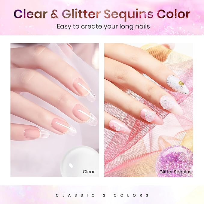 MIZHSE 2PCS Solid Builder Gel for Nails: 30g/1oz Clear & Pink Glitter Hard Gels for Nails 3D Gel with Dual Forms 3D Silicone Mold Soak off U V Builder Gels for Nail Art Manicure Home DIY