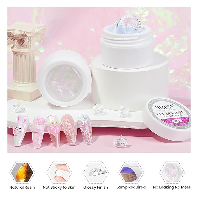 MIZHSE Solid Builder Gel, Aurora Pink & Clear Sculpting Gel for Nails, Non-Sticky 3D Nail Art Mermaid Pearl Building Carving Modeling Sculpture Hard Extension Manicure Salon Home DIY
