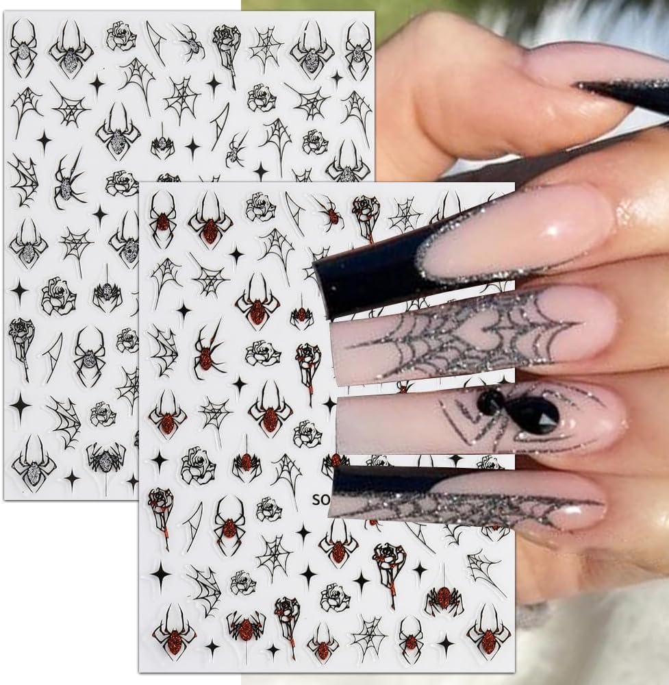 6Sheets Halloween Nail Art Stickers Decals, 3D Spider Nail Sticker Halloween Nail Decoration Self-Adhesive Black Red Silver Glitter Star Spider Web for Nails Stickers DIY Manicure Art Decoration