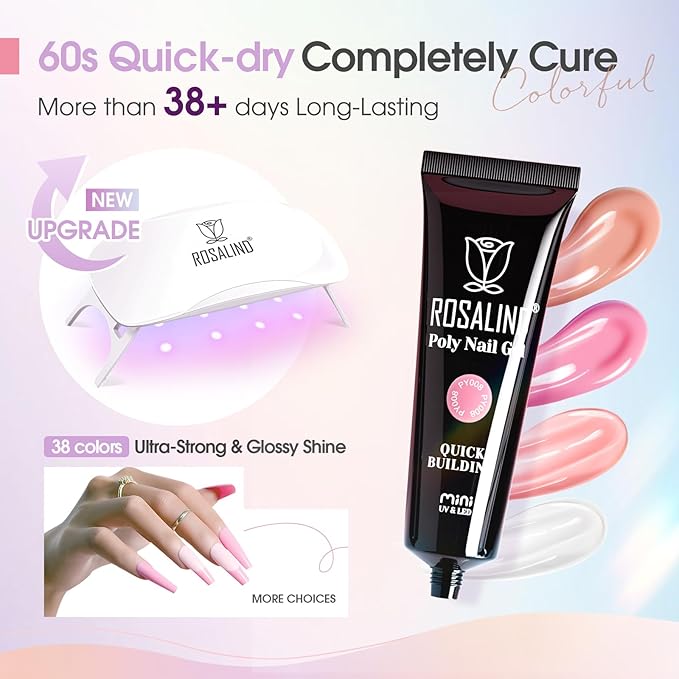 ROSALIND 38PCS Poly Nail Gel Kit with Mini Nail Lamp Glitter Brown Poly Extension Gels Kit Nude Pink Poly Gels Set