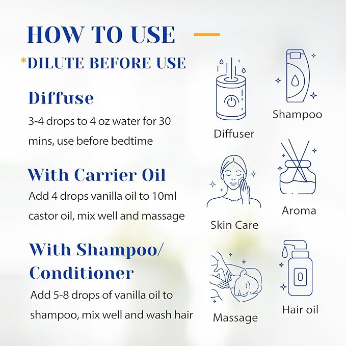 HIQILI Vanilla Essential Oil, Undiluted Natural Strong Fragrance Add in Skin Perfume, Unscented Lotion, Candle Soap Making Scent, Relax at Home with Diffuse Warm Sweet Aroma -100ML