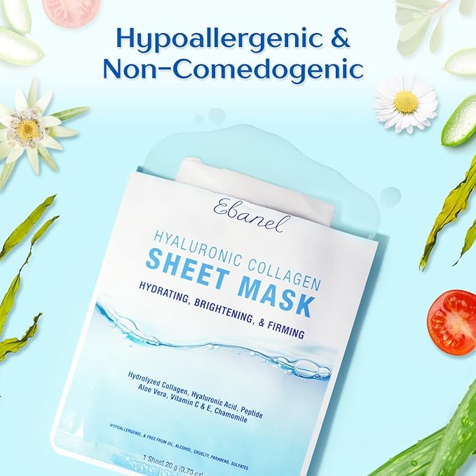 Ebanel 10 Pack Collagen Face Mask with Hyaluronic Acid, Vitamin C, Peptide, Aloe, Instant Brightening Hydrating Face Masks Skincare Korean Sheet Mask, Skin Firming, Lifting Anti Aging Facial Masks