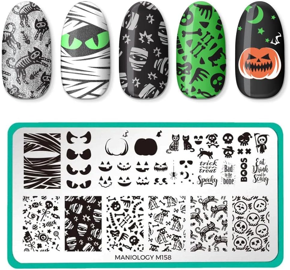 Maniology Creepy Cute Nail Stamping Plate Set, Halloween Plates Bundle (Fright Night (M032), Ghosted (M056), Bad to The Bone (M158), Halloween Treats (M248))