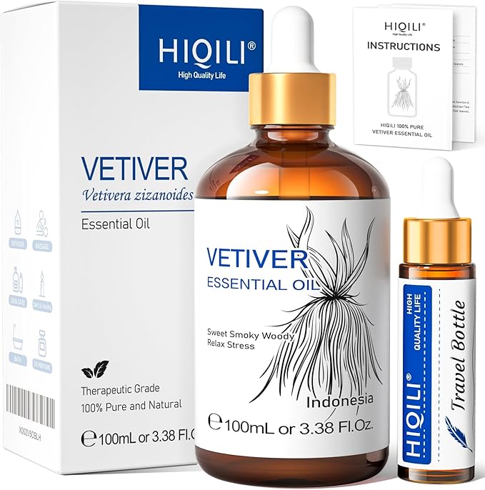 HIQILI 100ML Vetiver Essential Oil, 100% Pure Natural for Diffuser Calm and Relation- 3.38 Fl Oz