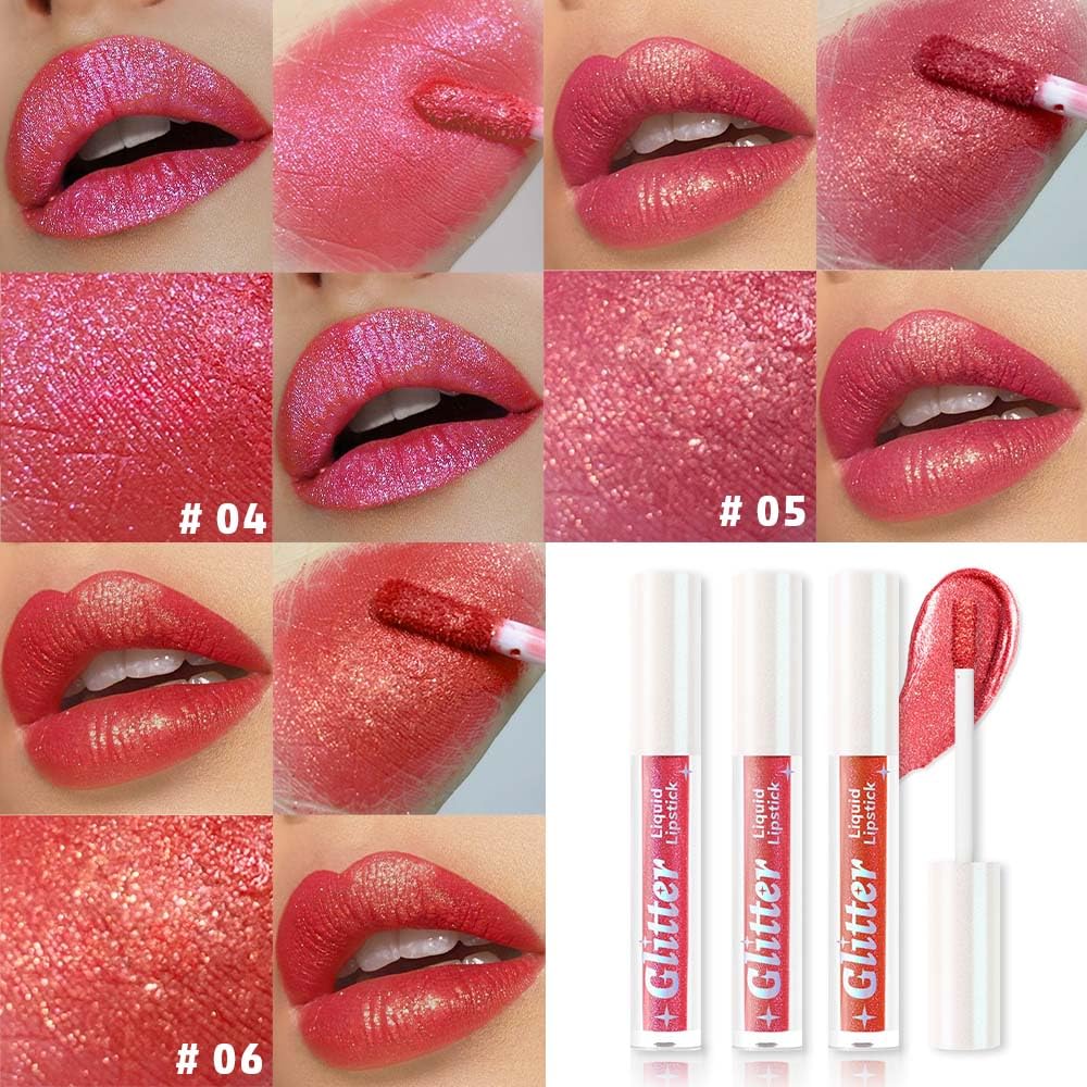 3Pcs Metallic Lipstick for Women,Lightweight Glitter Sparkling Liquid Lipsticks,Shimmer Lip Gloss Stain Long Lasting Waterproof Smudge Proof Non-Drying 24 Hour Full Coverage Lip Makeup,Vegan
