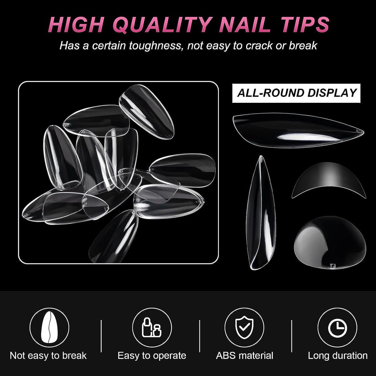 1000PCS Short Almond Nail Tips - Acrylic Nails Tips, ToouYoun 10 Sizes Soft Gel Full Cover Nail Tips with Box for Nail Art Salons and Home DIY