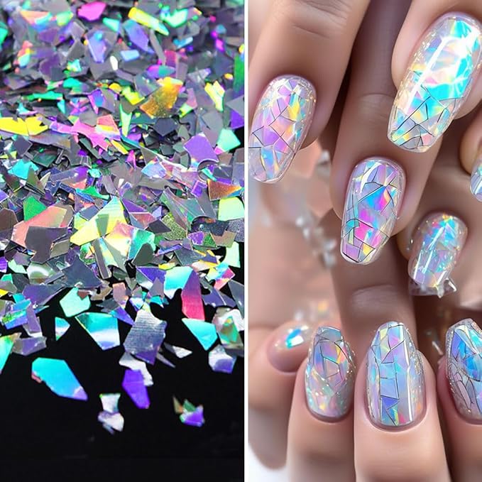 Aurora Laser Silver Glitter for Nails Sparkly Irregular Chunky Glitter Sequin Nail Charms for Nails Design Nail Glitter Flakes Holographic Iridescent Glitter Nail Sequins for Crafts Nail Art Supplies