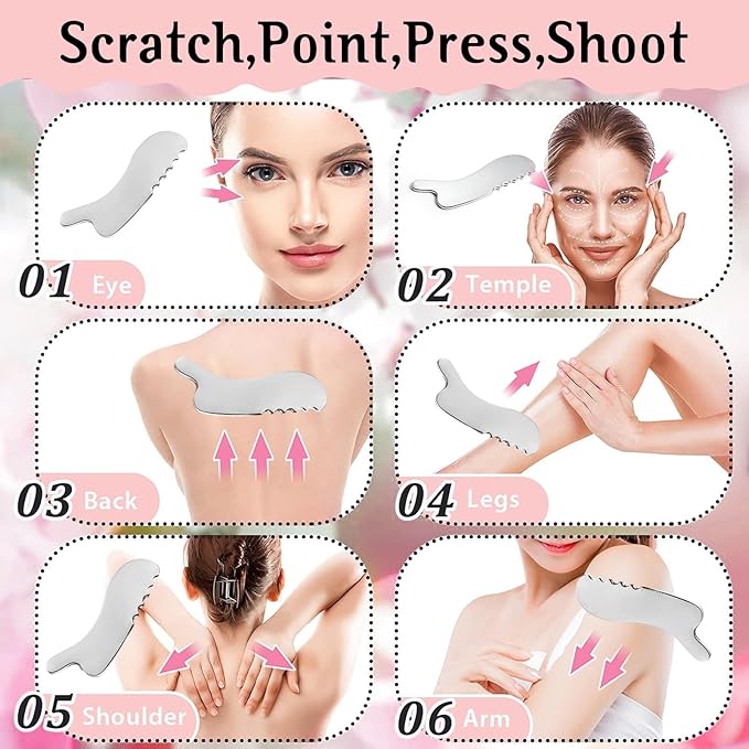 Gua Sha Facial Tools and Face Roller Set, Lymphatic Drainage Massager，Stainless Steel Facial Sculpting Eyes Roller Guasha for Face, Chin & Jawline Sculpting,Skin Care (White)