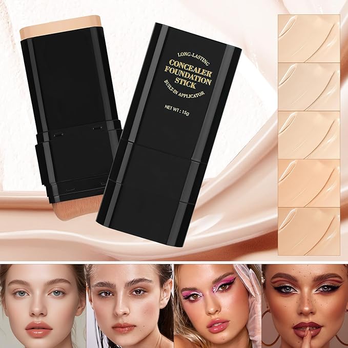 2PCS Long-Lasting Concealer Foundation Stick, Full Coverage Foundation Stick, 2-in-1 Contouring foundation with Brush, Cover Blemishes for All Skin Types (04#Wheat)