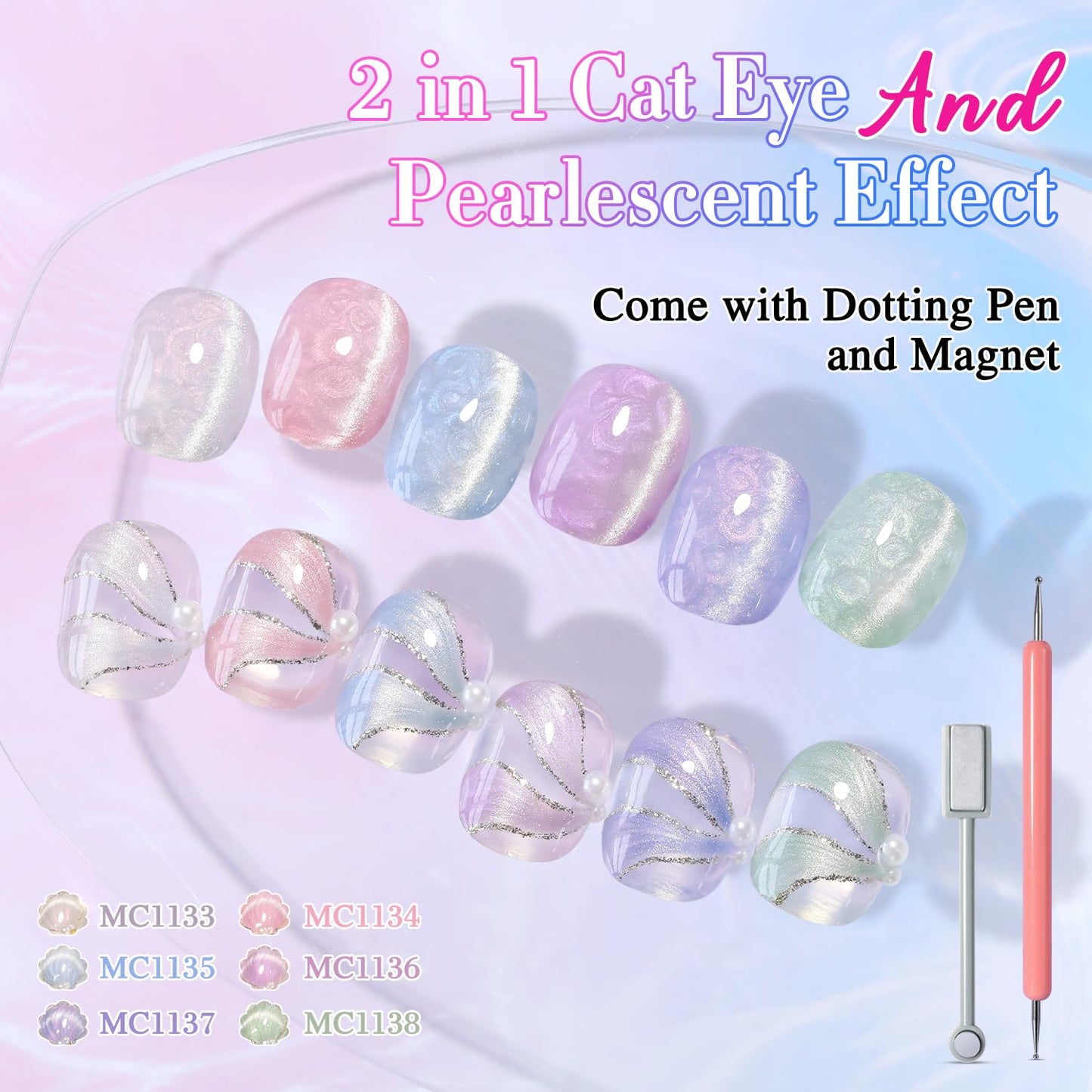Double Rhythm Cat Eye Gel Polish Set 6 Colors Shimmer Glitter with Magnet Holographic Reflective Magnetic UV Nail Art Kit (Pearl Pink Blue Green Purple 6-Kit 44)