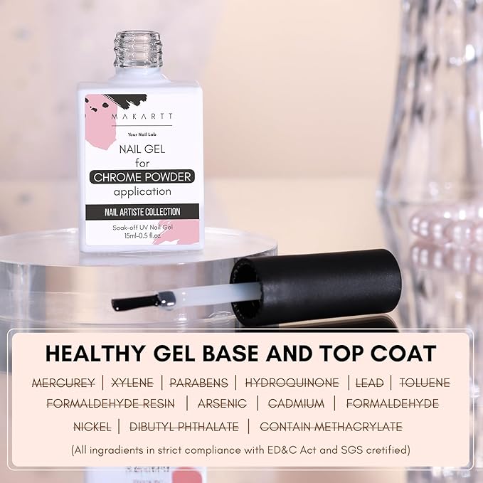 Makartt Gel Top Coat for Chrome Nail Powder - 15ml Clear No Wipe High Gloss Top Coat Gel Nail Polish Mirror Shine Long Lasting Easy Application, Soak off UV Lamp, DIY Home Salon Art Design