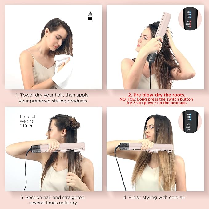 IG INGLAM Air Straightener, Style from Wet Hair, 2.2" Hair Dryer Straightener, 200M Negative Ionic, One-Step Air Straight for Medium and Long Hair(14"-30"), Pink