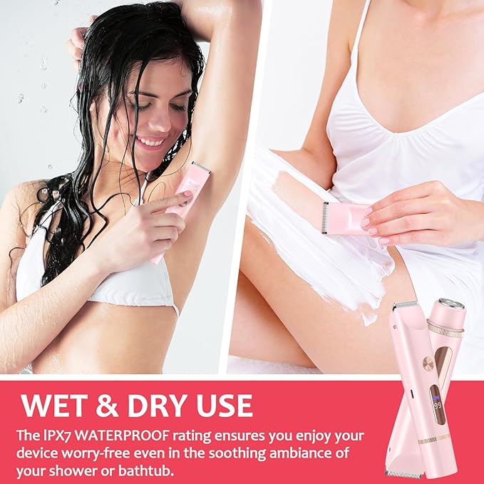 2025 Upgraded Bikini Trimmer for Women - 2 in 1 Dermave Bikini Shaver with LED Display, Dual Head Cordless Electric Shaver, IPX7 Waterproof Wet/Dry Body Hair Trimmer for Face, Body & Intimate Areas