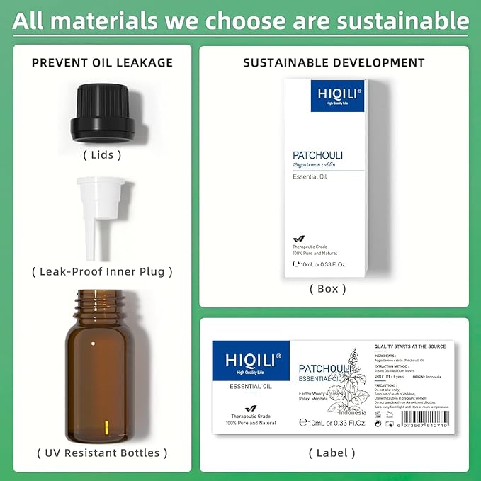 HIQILI 0.33Fl Oz Patchouli Essential Oil,100% Pure for Diffuser,Perfume DIY, Candle Soap Making-10ml