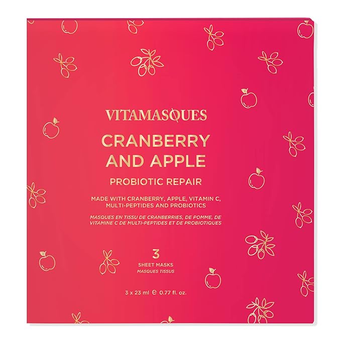 Vitamasques Cranberry and Apple Probiotic Repair Boxset - 3 Vegan Face Masks with Adaptogenic Ingredients to Improve Skin Health