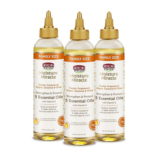 African Pride Moisture Miracle 5 Essential Hair Oils with Vitamin E (3 Pack) | Moisture, Shine, Protection, and Growth | Argan, Castor, Grapeseed, Coconut, and Olive Oil | 8 oz