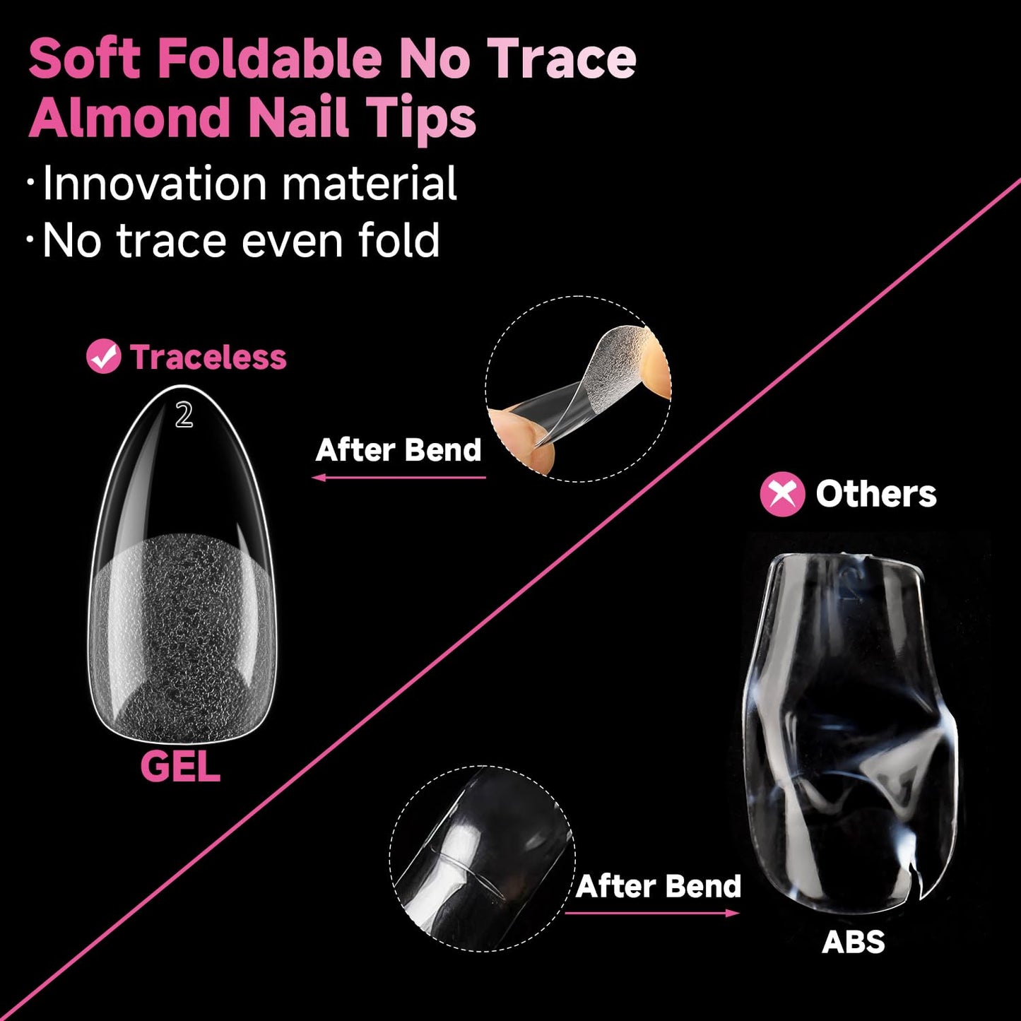 UNA GELLA 504Pcs Medium Pointed Almond Nail Tips, Pre-shape Almond Gel Nail Tips Half Matte Full Cover Acrylic Clear Press on Fake Nails Tips for Nail Extension Nail Art DIY Salon 12 Sizes