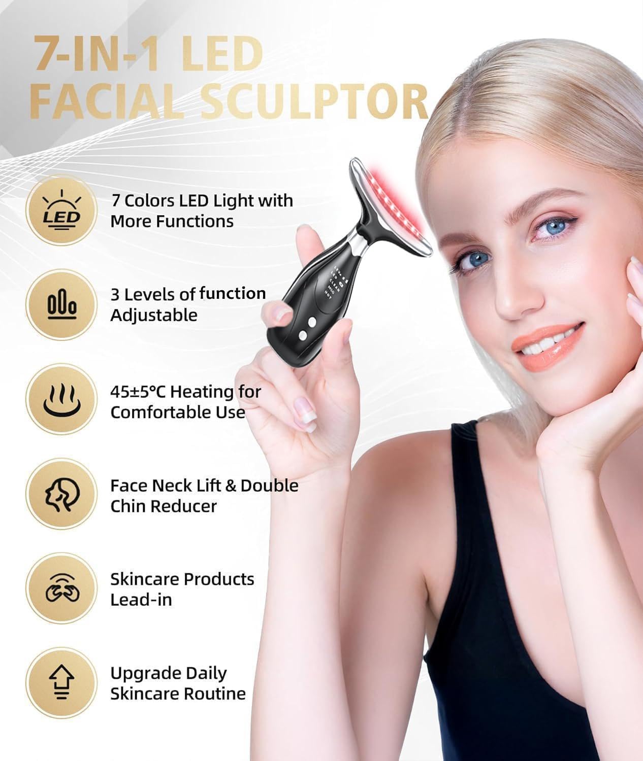 7-in-1 Facial Sculptor Massager, Red Light Therapy for face, 7 Color Modes with Heating & Vibration, Portable Face Massager Tool for Wrinkles & Skin Tone, Arc Design for Better Cream Absorption