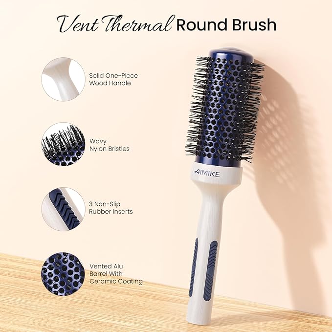 AIMIKE Nano Ionic Tech Ceramic Brush for Blow Drying, Styling and Volume Boost - Natural Wood One-Piece Design, 1.7 Inch/43mm