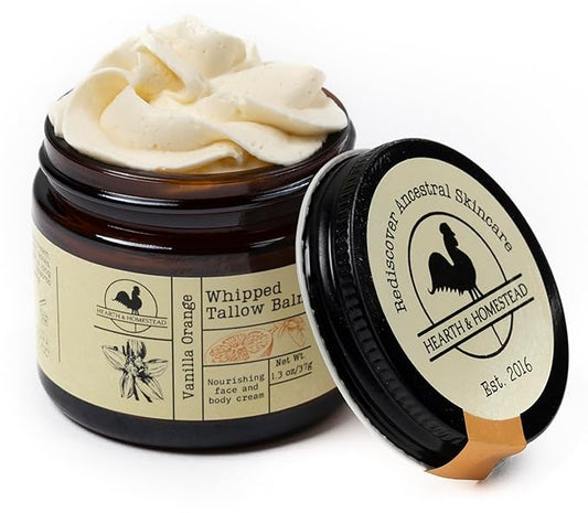 Handmade Whipped Tallow Balm (Vanilla Orange) - Organic Body Butter with Infused Olive Oil, for Eczema, Rosacea, Baby - 1.3 oz