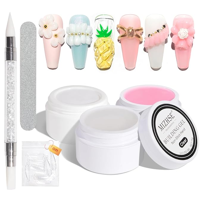 MIZHSE Solid Builder Gel for nails, 3 Colors Sculpting Gel for Nails, Clear White Pink Non-Sticky Hand 3D Nail Art Building Carving Modeling Hard Nail Extension Manicure Salon Home DIY Gift