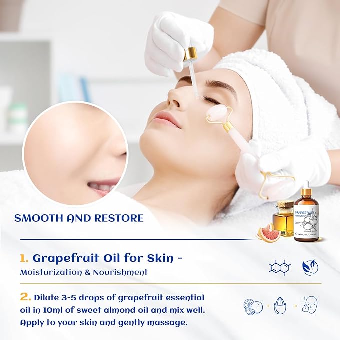HIQILI 100 ml Grapefruit Essential Oil, for Diffuser, Skin Care, 100% Pure and Natural - 3.38 Fl Oz