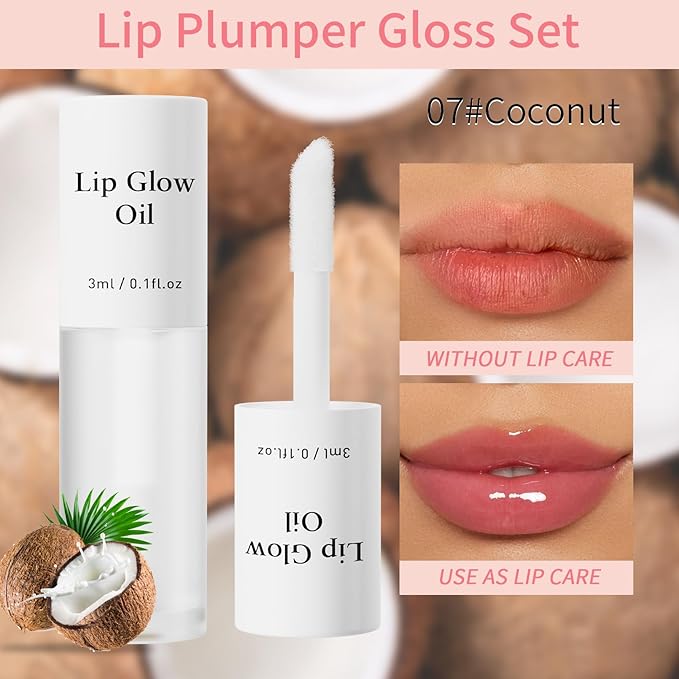 Hellokiss 3Pcs Lip Glow Oil,Moisturizing Lip Plumper Gloss,3 Fruit Flavoured Lip Balm Lip Care,Clear Plumping Lip Gloss,Non-Sticky Long Lasting Hydrating Lip Oil(Honey,Green Apple,Coconut)