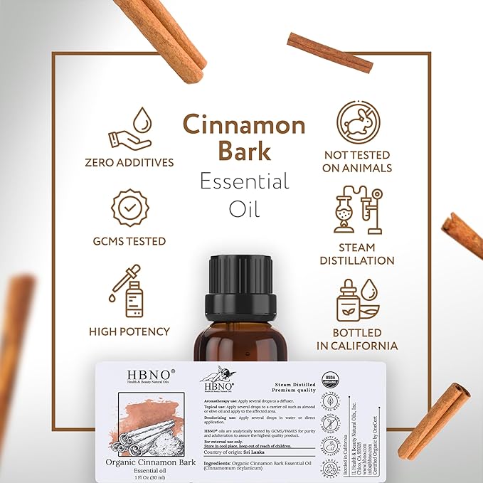 HBNO Organic Cinnamon Bark Essential Oil - 1 oz (30ml) Size - Ideal for Diffusers, Cleaning Agents, Skincare, and Haircare.