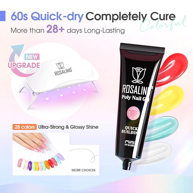 ROSALIND 28 Colors Poly Nail Gel Kit With Mini Lamp - Clear Neon Starter Kit for Beginners, Halloween, Spring, Summer With Everything