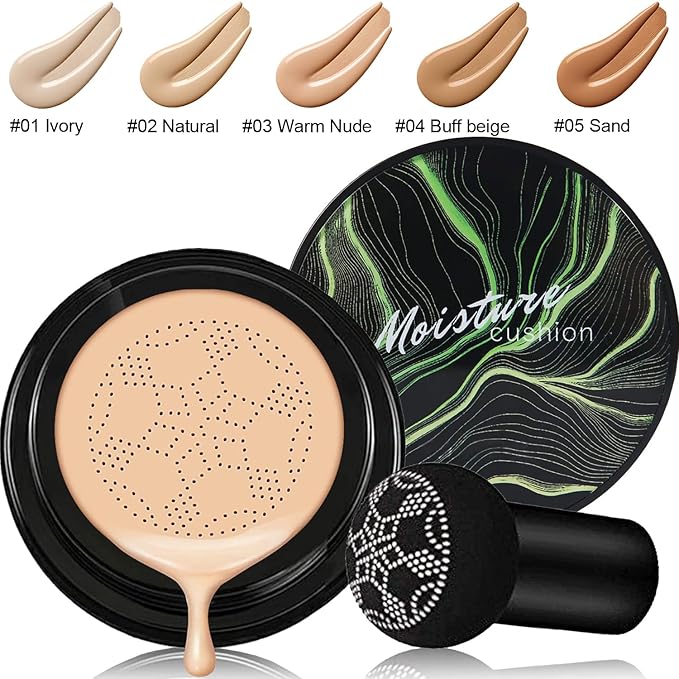 2 PCS Mushroom Head Air Cushion CC Cream Nature Foundation,Foundation Brush Powder Brush,Moisturizing Concealer, Bright Makeup Base Long Lasting with Mushroom Makeup Sponge(#05 Sand)