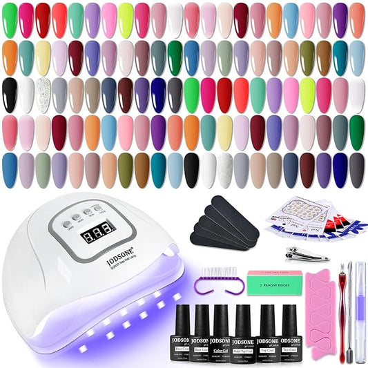 JODSONE 60 Bottles of Gel Nail Polish Kit with U V Light 55 Kinds of Gorgeous and Charming Gel Polish Kit 5 Pieces Soak off Glossy Matte Top Coat Base Coat