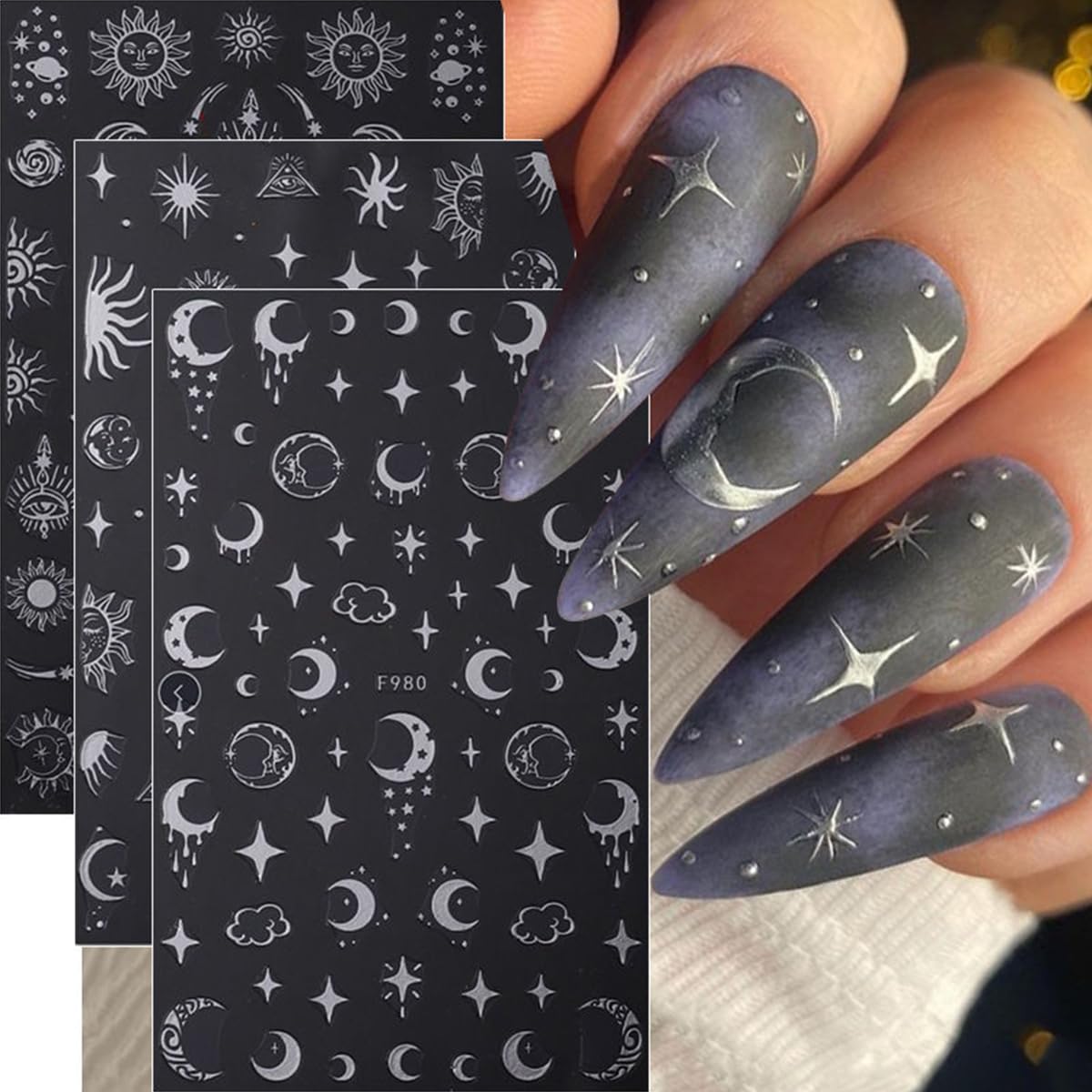 8 Sheets Metallic Nail Art Stickers Decals Silver Moon Star Sun Nail Stickers Eye Snake Nail Decals 3D Self-Adhesive Luxury Nail Art Design Stickers for Women Girls DIY Manicure Decoration Accessories