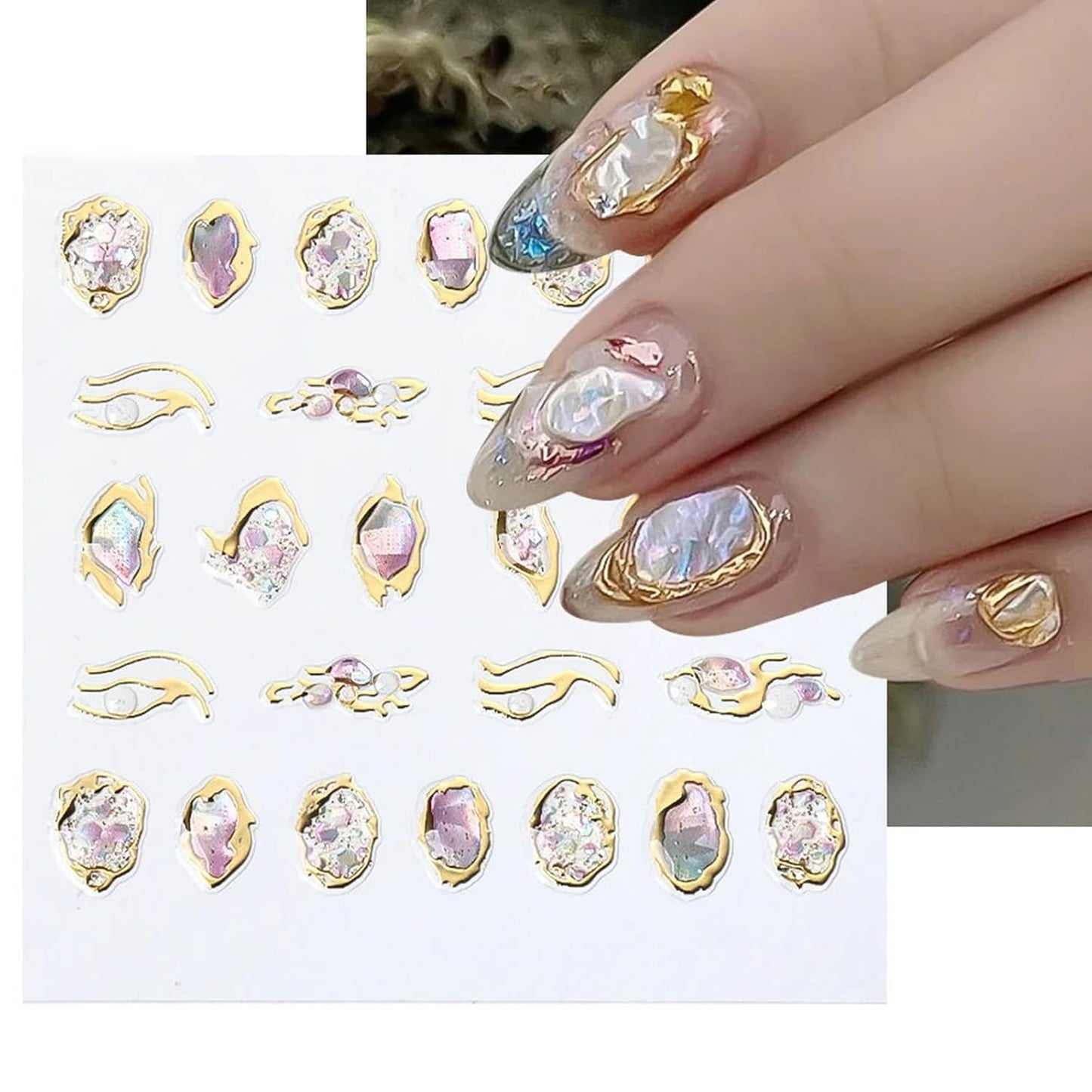 SILPECWEE 6 Sheets 5D Gold Embossed Nail Art Stickers Gem Crystal Irregular Geometric Frames Nail Stickers Designs Hollow Nail Decals Self Adhesive DIY Acrylic Nails Accessories