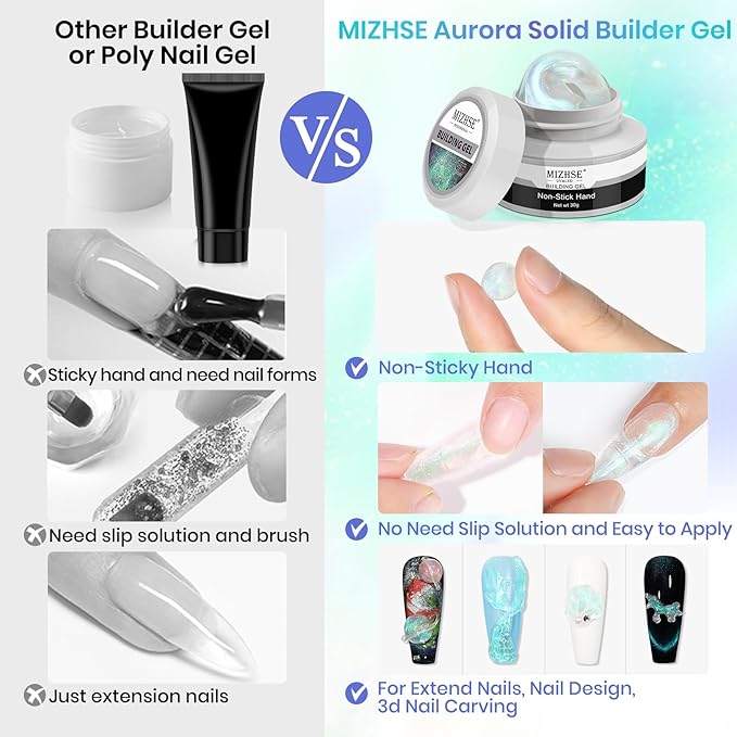 MIZHSE Mermaid Aurora Solid Builder Gel, 1oz Hard Gel for Nails 3D Non-sticky Builder Gels Polish Soak Off for Nails Salon Home DIY Manicure
