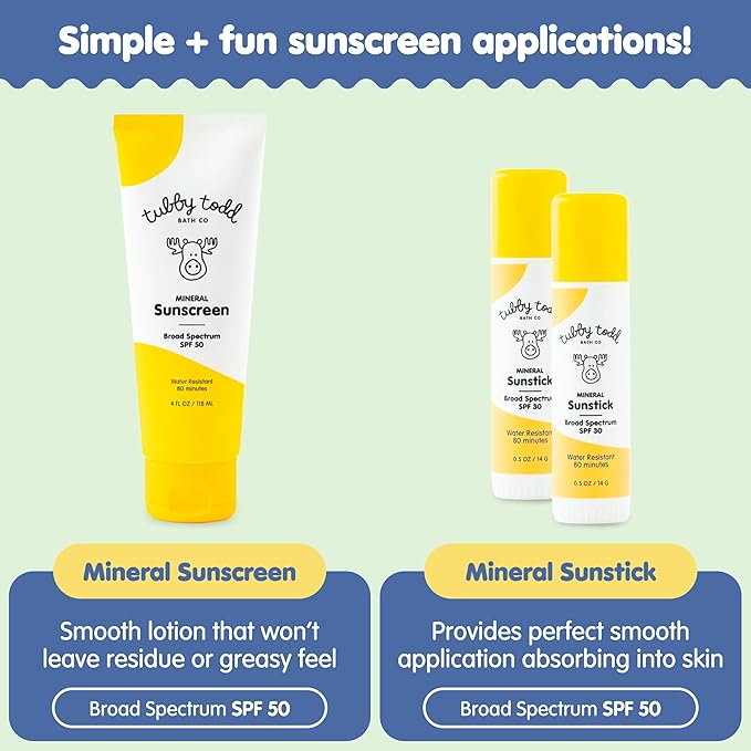 Tubby Todd Face and Body Mineral Sunscreen Kit for Baby, Toddler and Kids - Sunscreen 4 Fl Oz and Sunstick 0.5 Oz Duo Bundle - Fragrance-Free