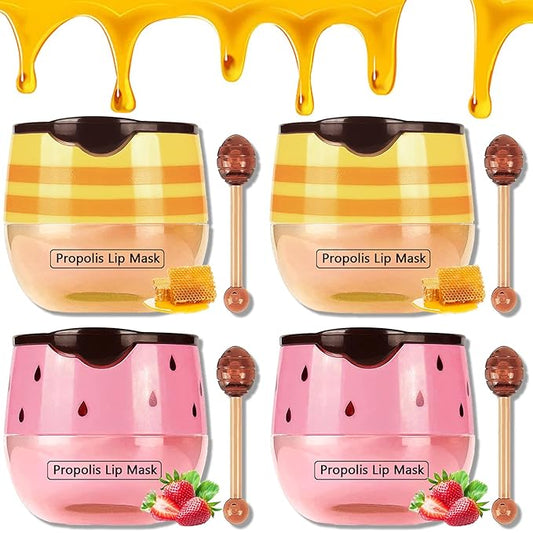 4 PCS Bee Lip Mask Balm Honey Pot, Strawberry & Honey Lip Masks Hydrating Prevention Dry and Cracked Lip Scrubs Exfoliator, Lip Exfoliating Sleeping Lip Mask, Moisturizing Lip Reduces Lip Lines