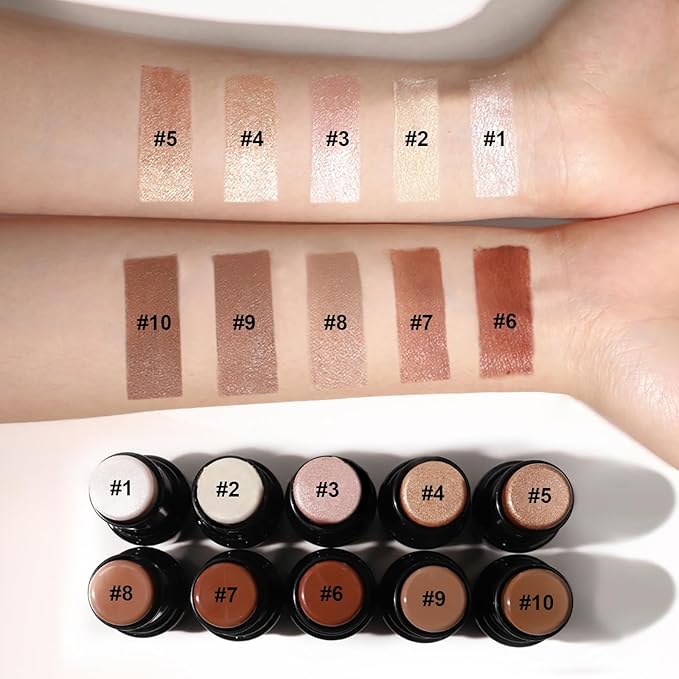 2Pcs Cream Contour Stick Makeup Kit, Cream Highlighter Stick and Bronzer Contour Stick with Longwear Waterproof Formula for Brightening and Trimming the Cheeks, Makeup Brush Include (#01, 10)