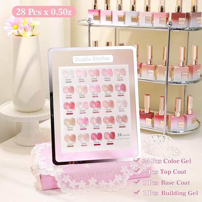 Double Rhythm 28Pcs 0.5Oz Gel Nail Polish Set Same Color Same Bottle Soak Off Gel Polish Kit Nail Art Manicure Salon DIY at Home for Women (Jelly Sheer Clear Collection-T24-8)