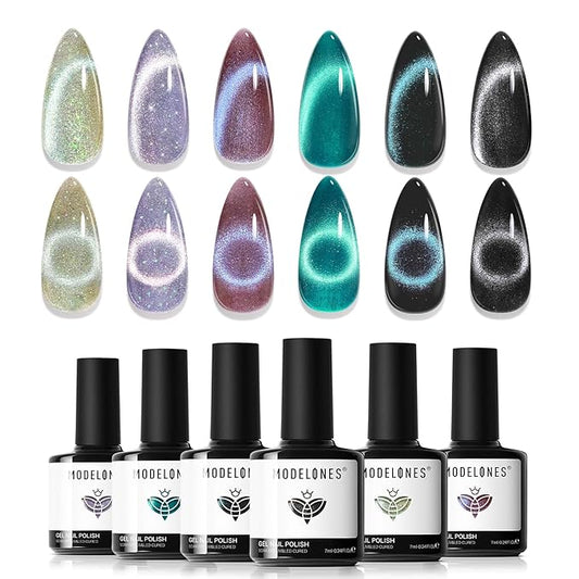 modelones Cat Eye Gel Nail Polish Set, 6 Colors Holographic 9D Glassy Cat Eye Glitter Gel Polish Set Black Blue Purple Green Nail Polish Kit with Magnet Soak Off LED Nail Art DIY Salon Gift