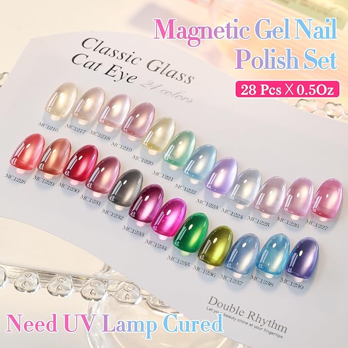 Double Rhythm 28Pcs 0.5Oz Glass Cat Eye Gel Nail Polish Set Same Color Same Bottle Soak Off Magnetic Jelly Gel Polish Kit Nail Art Manicure Salon DIY at Home (Nude Pink Blue Green-T24-10)