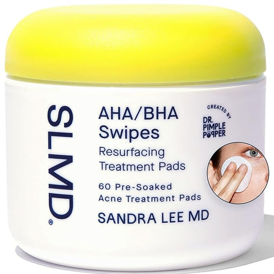 SLMD by Dr. Pimple Popper - AHA BHA Toner Pads Swipes, Salicylic Acid, Glycolic Acid & Lactic Acid - Daily Resurfacing Pads for Face & Body - Facial Exfoliating Pads Resurface, Treat, and Prevent Acne