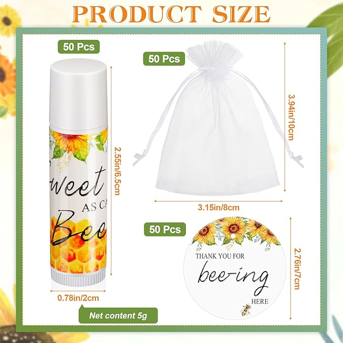 Fumete 50 Set Bee Favors Baby Shower Thank You Gifts Lip Balms for Guests Boys Girls Gender Reveal Favors for Baby Shower Bee Party Prizes Souvenirs Bags Stuffer Classroom Prizes