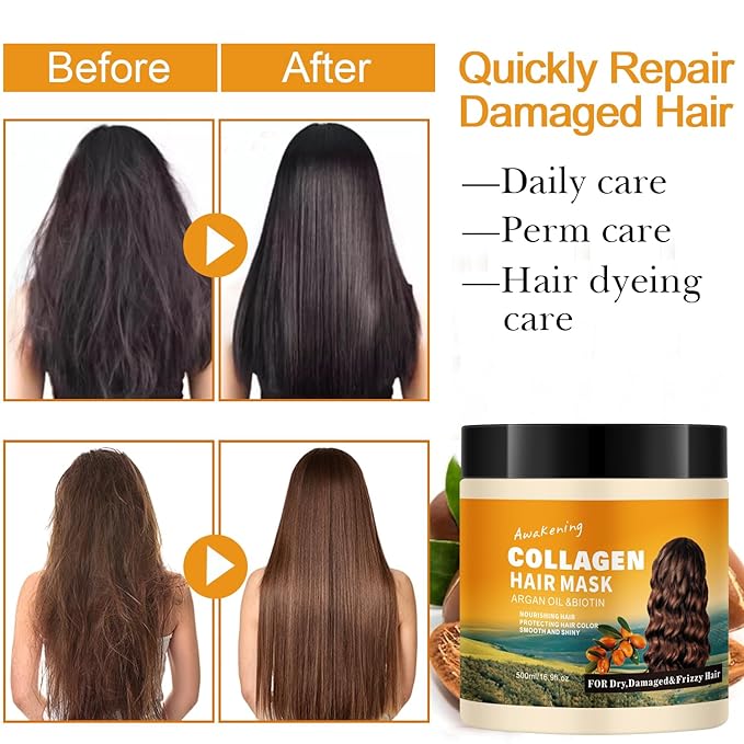 Hair Mask Deep Treatment Conditioner Collagen Protein Argan Oil Biotin Repair For Dry Damaged Frizzy Curly All Hair Types(16.9 Fl Oz/500ml) (collagen)