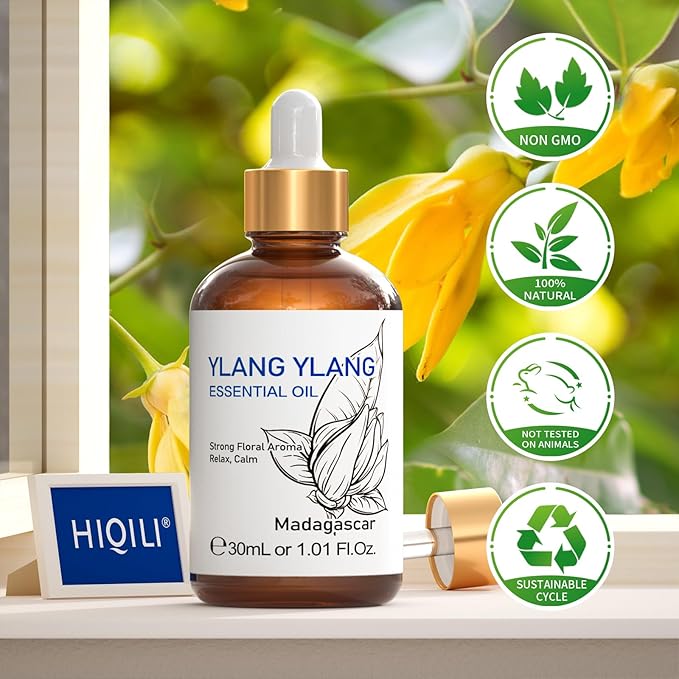 HIQILI Ylang-Ylang Essential Oil, Long-Lasting Scent for Diffusers, Perfumes, Aromatherapy, DIY - 1.01 Fl Oz