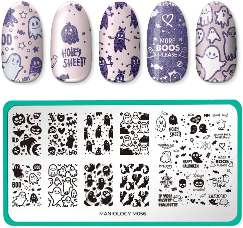 Maniology Creepy Cute Nail Stamping Plate Set, Halloween Plates Bundle (Fright Night (M032), Ghosted (M056), Bad to The Bone (M158), Halloween Treats (M248))