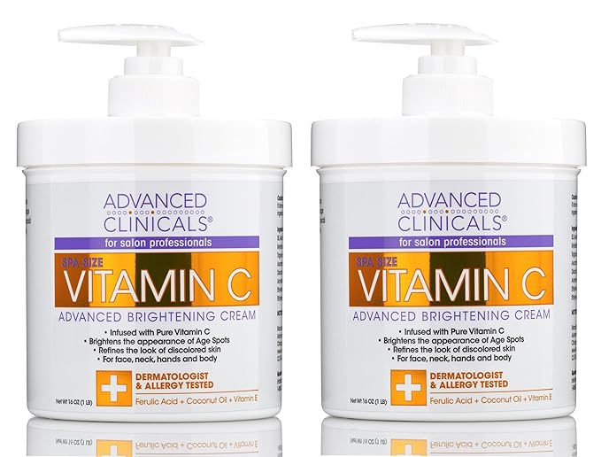 Advanced Clinicals Vitamin C Face & Body Cream Moisturizing Skin Care Lotion, Anti Aging Vitamin C Skincare Moisturizer For Body, Face, Age Spots, Wrinkles, & Sun Damaged Skin, Large 16oz (2-Pack)